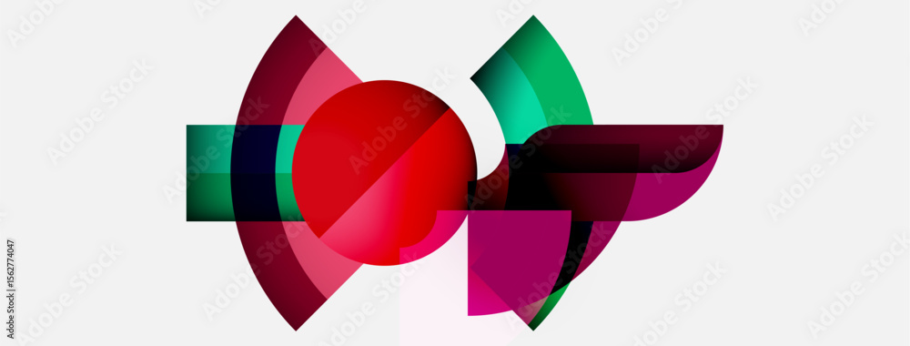 Abstract composition featuring overlapping colorful shapes. Red circle dominates, surrounded by magenta, green elements. Modern design, simple background. Abstract composition featuring overlapping colorful shapes. Red circle dominates, surrounded by magenta, green elements. Modern design, simple background.