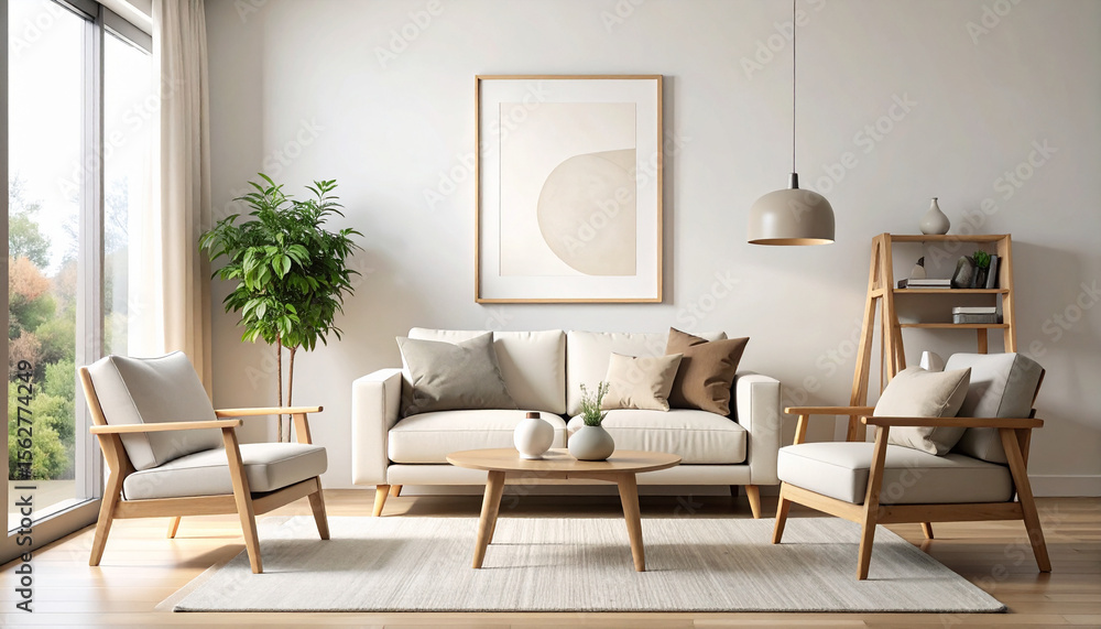 Fototapeta premium Framed Poster Mockup on Bedroom Wall with Warm Morning Light, Cozy Modern Interior