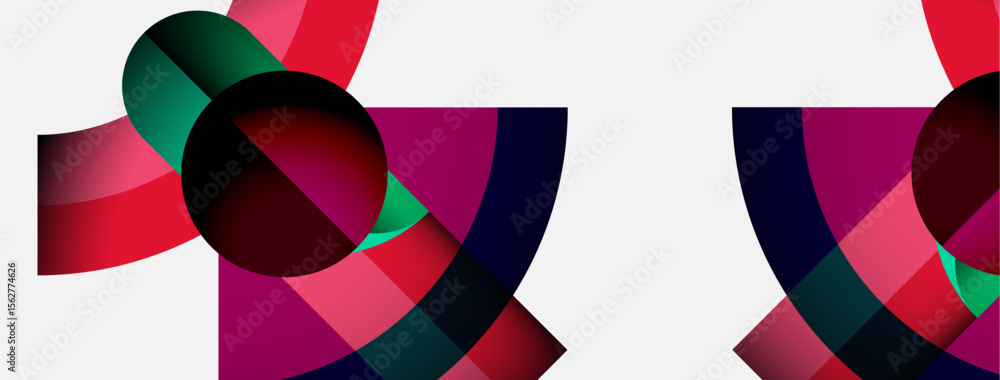 Abstract composition featuring overlapping colorful shapes. Reds, greens, purples create dynamic visual effect. Minimalist design. Abstract composition featuring overlapping colorful shapes. Reds, greens, purples create dynamic visual effect. Minimalist design.