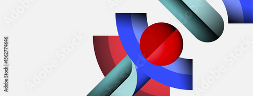 Abstract shapes, vibrant colors, dynamic composition. Red sphere intersects blue ribbons, creating modern visual impact. Clean design.