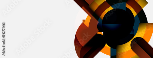 Abstract design features swirling shapes, warm colors dominate right side, contrasting with white space. Modern, dynamic composition.