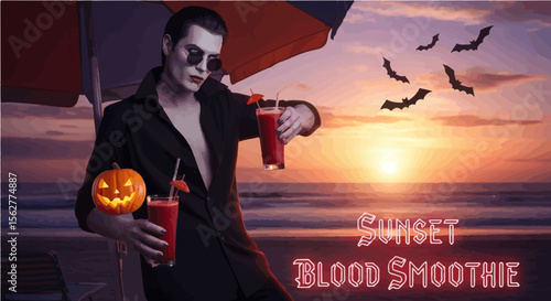 Vampire enjoying a blood smoothie at the beach during sunset with jack-o’-lantern and flying bats for Halloween vibes