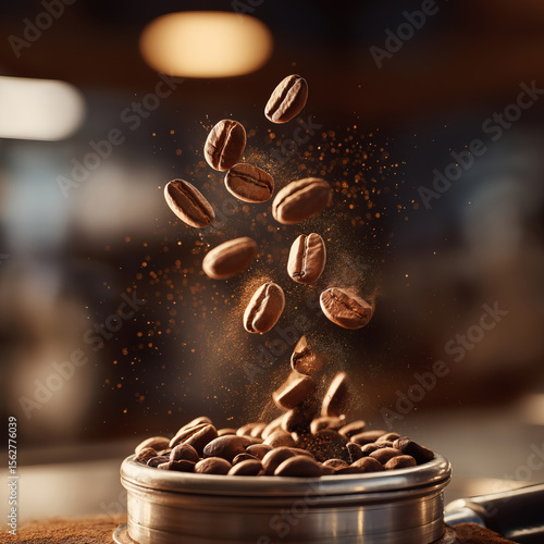 Flying coffee beans with aromatic dust in warm morning café atmosphere lighting