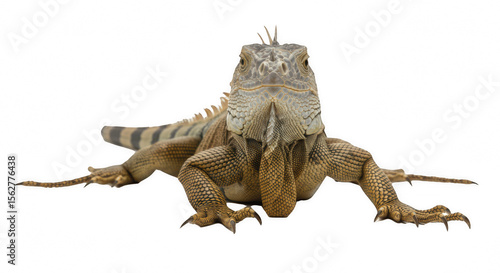 Green Iguana Facing Camera, Isolated on Transparent PNG Background , Iguana, green iguana, reptile, lizard, animal, creature, pet, exotic pet, green, brown, scales, scaly