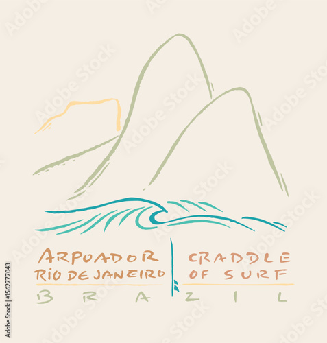 Stylized illustration of the coastal region of the city of Rio de Janeiro, Brazil. Art in allusion to the practice of surfing.