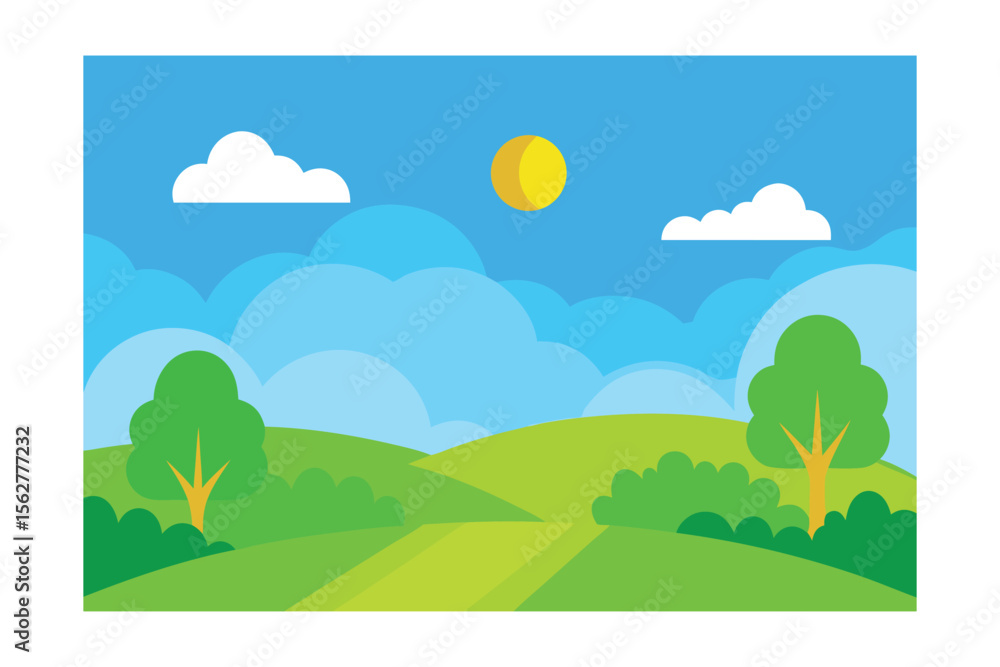 Fototapeta premium Green Meadow Landscape: A vibrant illustration depicts a serene meadow under a bright sun and fluffy clouds. Lush green grass, trees, and bushes adorn the rolling hills.