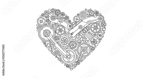 Intricate mechanical heart illustration composed entirely of gears and bicycle chain parts symbolizing love for engineering and design