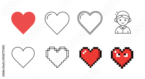 Collection of stylized hearts and a simple outline of a person's head and shoulders