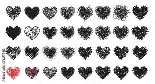 Collection of rough hand drawn heart shapes in black and red for expressive design elements