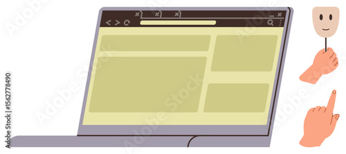 Laptop screen with webpage layout, hand holding mask representing anonymity, second hand pointing. Ideal for online identity, privacy, cybersecurity, anonymity, digital safety, personal branding
