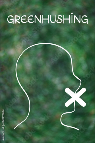 greenhushing concept with silenced face on blurred grass background
