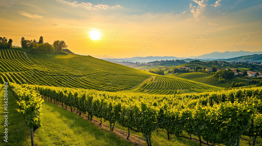 Fototapeta premium Panoramic view of a vineyard at sunset, with rolling hills and neat rows of grapevines in golden light.