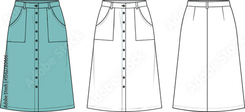 Button front A-line midi skirt flat sketch, pocket detail, fashion technical drawing, front and back view, vector illustration.

 flat vector illustration