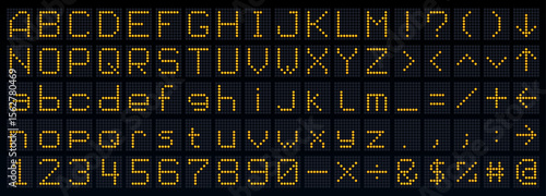 Score board font, flip dot type, digital led airport screen typeface, terminal display alphabet. Complete set of uppercase and lowercase letters, numbers and special characters with scoreboard lamps
