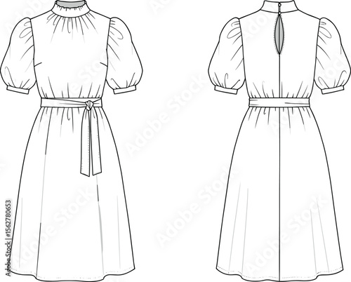 Elegant puff sleeve dress fashion flat, stylish midi dress technical sketch, women’s vintage dress template, clothing design illustration.

 flat vector illustration