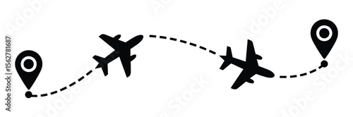 Round trip travel concept. plane travelling from start point to end point with dotted line tracing. trip planning vector symbol on white background