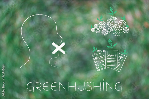 greenhushing concept with silenced face corporate books  and factory mechanism with green leaves on blurred grass background