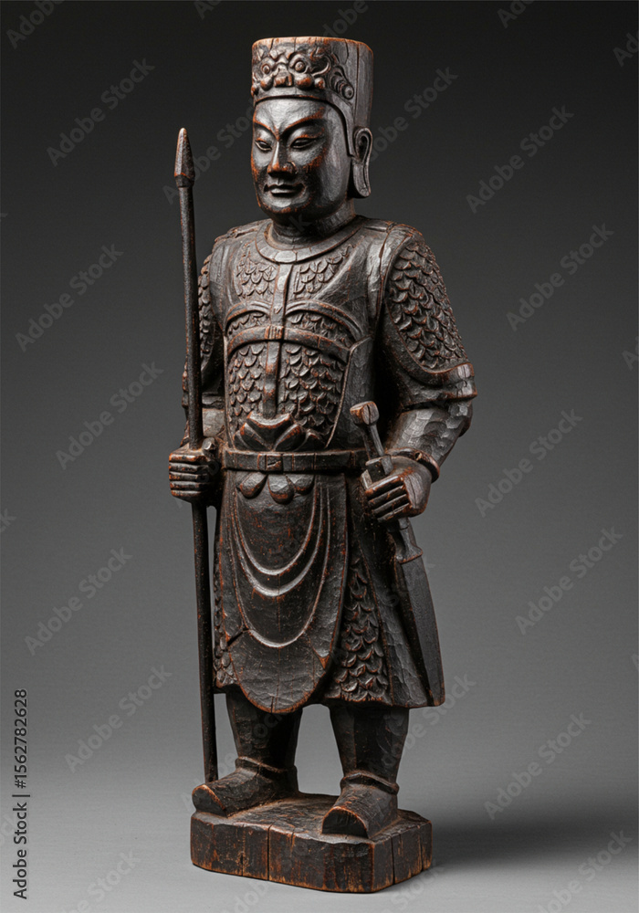 Fototapeta premium Dark wooden carved warrior figurine