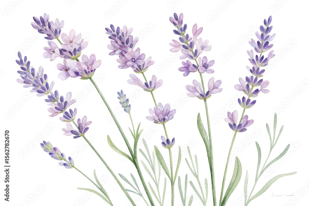 Naklejka premium Watercolor painting of lavender flowers with green stems and leaves isolated on transparent background