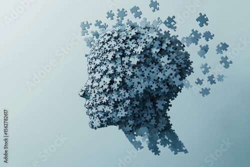 Profile of a head composed of numerous small puzzle pieces, scattered around the head
