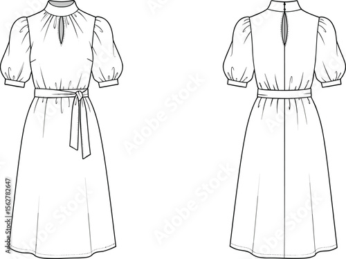 Stylish puff sleeve dress flat sketch, elegant midi dress fashion template, vintage clothing illustration for sewing pattern, garment design drawing.

 flat vector illustration