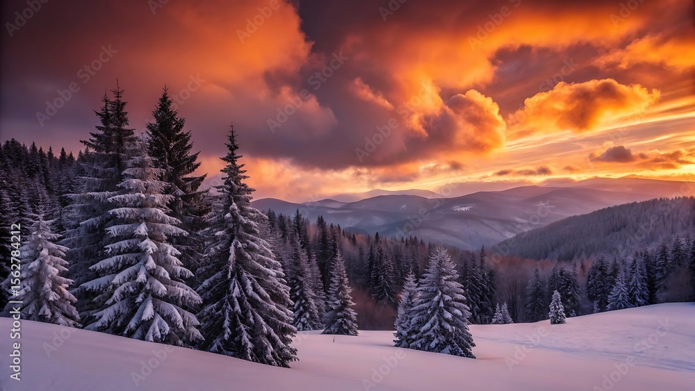 Fototapeta premium Majestic Winter Forest Landscape with Snow-Laden Pine Trees at Sunset