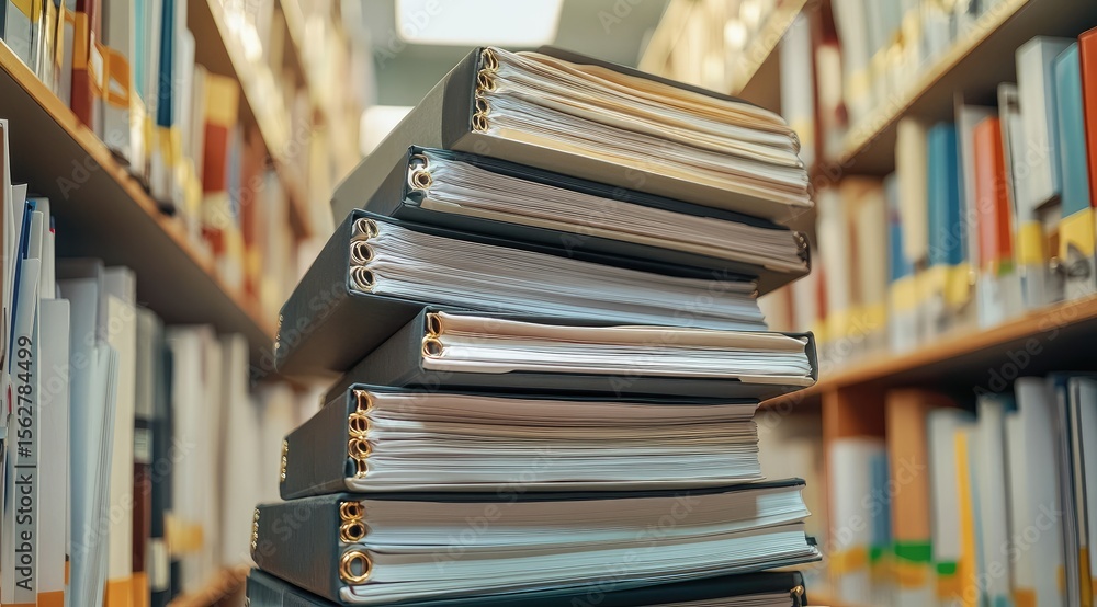 Obraz premium A tall stack of gray file folders, filled with papers, sits in a library