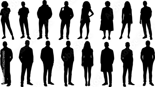 Vector silhouettes man and women, illustration. Silhouettes of young people posing in casual clothes. EPS10 version.