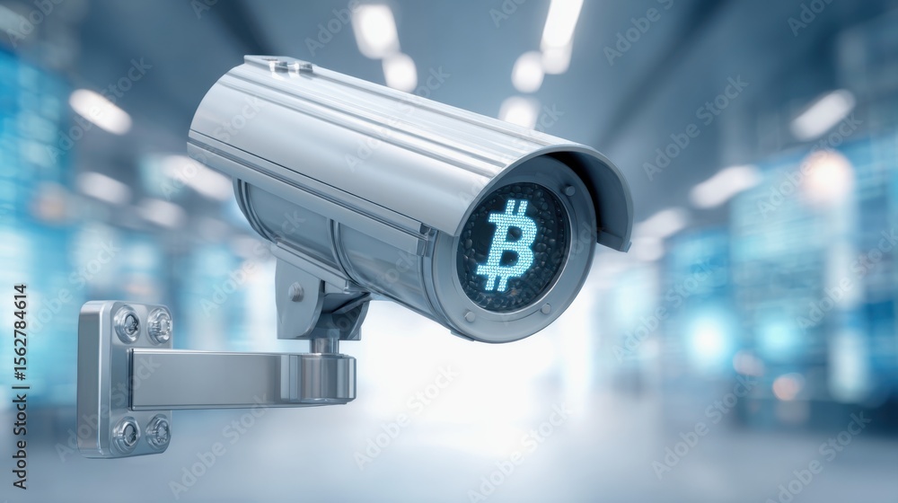 Cryptocurrency Regulatory Landscape Concept. A metallic security camera displays a glowing Bitcoin symbol, symbolizing cryptocurrency surveillance and digital security in a modern tech environment. Cryptocurrency Regulatory Landscape Concept. A metallic security camera displays a glowing Bitcoin symbol, symbolizing cryptocurrency surveillance and digital security in a modern tech environment.
