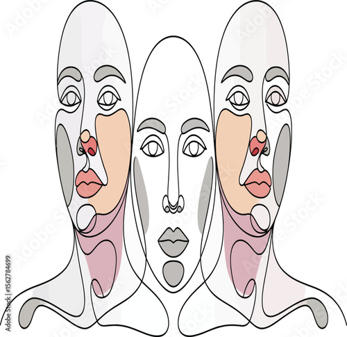 A continuous line art drawing with a stylized faces representing inner balance and wellness, perfect for mindfulness and health related designs.