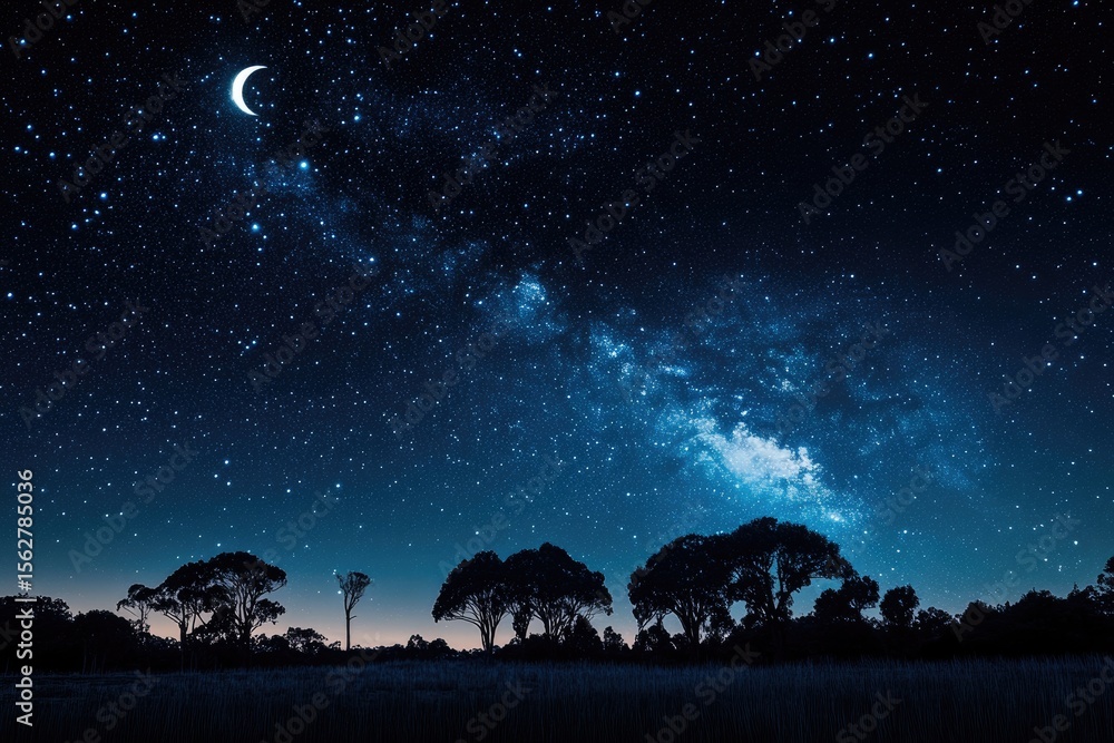 Obraz premium Silhouetted trees under a night sky filled with stars and the Milky Way, a crescent moon