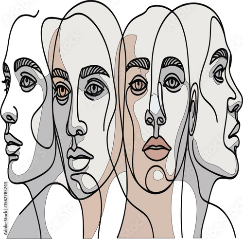 Artistic line art shows the human face representing mysterious, pensive, confident and sad, a psychological profile for expressing emotions.