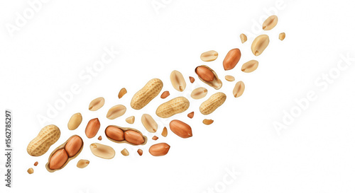 Flying Stream of Raw Peanuts in Shells and Shelled Kernels, Forming a Diagonal Wave, Isolated on Transparent PNG Background

