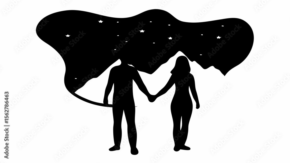 Silhouette of a couple holding hands under a starry night sky with mountain backdrop landscape view Silhouette of a couple holding hands under a starry night sky with mountain backdrop landscape view