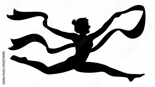 Silhouette of a rhythmic gymnast leaping with a ribbon during a performance in a dynamic pose on white background