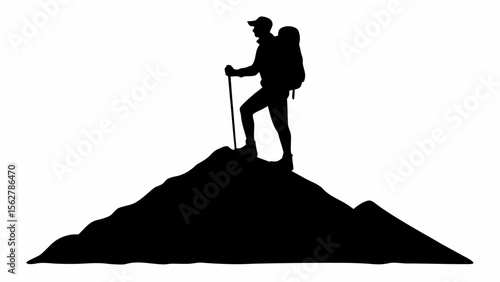 Silhouette of a hiker with backpack and trekking pole standing on top of a mountain peak in black and white