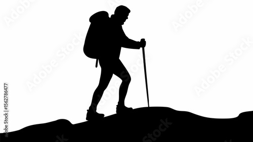 Silhouette of a hiker with a backpack and trekking pole climbing a hill against a white background scene