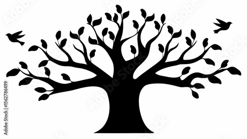 Silhouette of a broad tree with leaves and branches with two birds flying on a white background scene