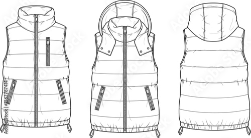 WebPuffer vest technical sketch, front and back view, zipper design, hooded sleeveless jacket, fashion flat sketch, CAD illustration