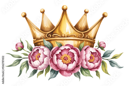 Watercolor Gold Crown with Pink Flowers and Leaves isolated on transparent white background