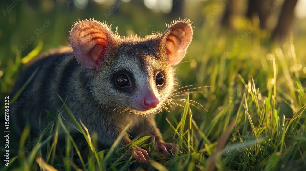 Obraz premium Cute Opossum Kit with Sunset Grass.