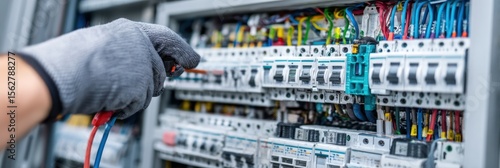 Horizontal view of gloved electrician securing electrical equipment and grounding cables inside open power cabinet, detailed engineering tools visible, clean modern background