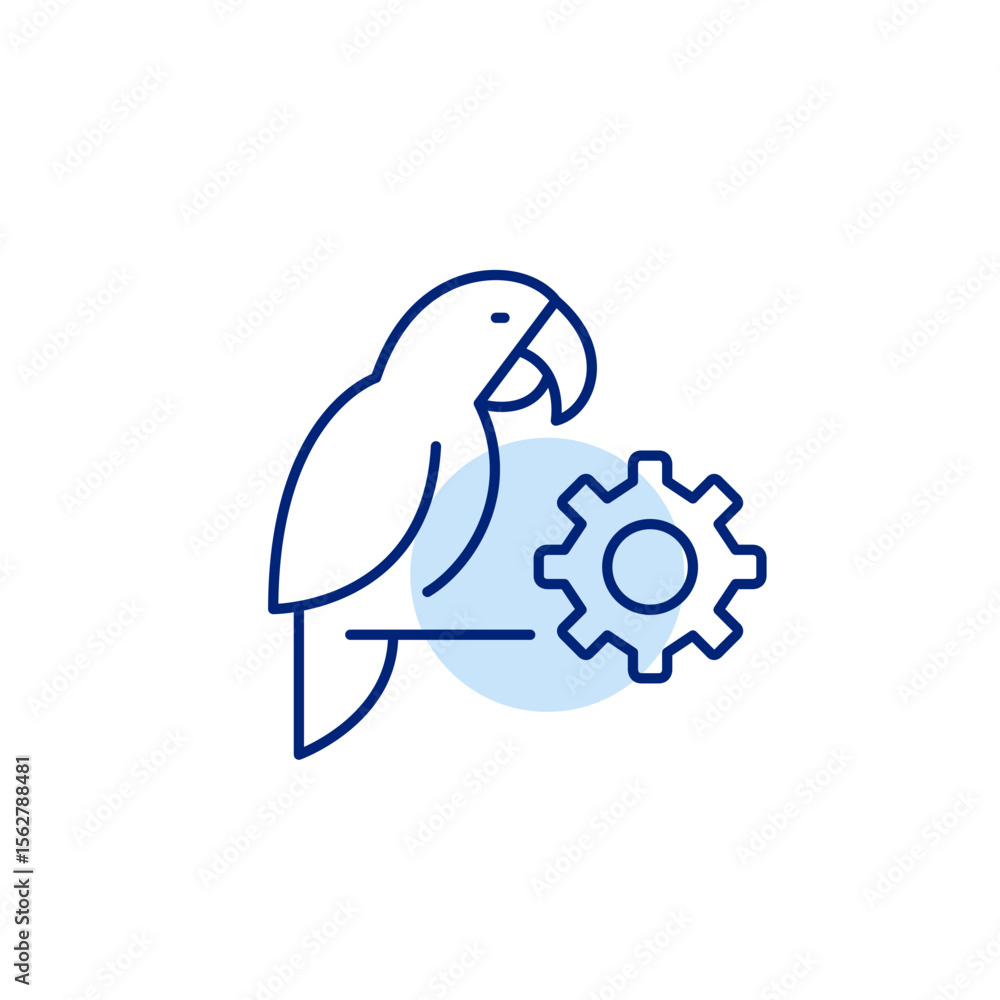 Fototapeta premium Parrot and cogwheel. Pet care settings, animal health monitoring, smart pet device configuration, automated feeding control, pet activity tracking. Pixel perfect, editable stroke vector icon