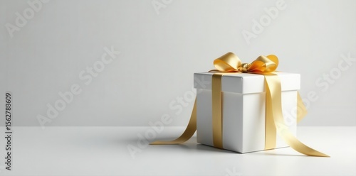 Elegant white gift boxes with cascading gold ribbon on a light grey backdrop , holiday, overhead