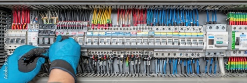 Panoramic view of electrical engineer installing complex wiring systems in a wall-mounted cabinet, gloved hands handling color-coded cables, detailed tools and equipment in frame
