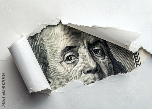 Hidden Money Concept with Benjamin Franklin Face Peeking Through Torn White Paper