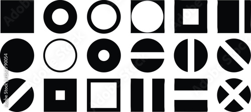 Vector art of a collection of simple black and white geometric varieties shapes isolated on white background.