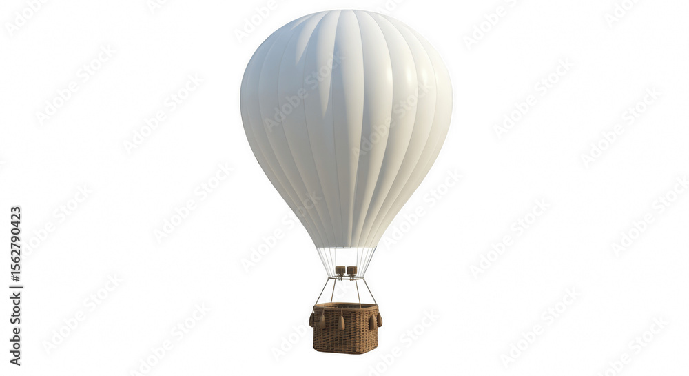 Obraz premium Blank White Hot Air Balloon with Brown Woven Basket, Perfect for Customization and Sky Travel Concepts, Isolated on Transparent PNG Background