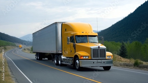 Wallpaper Mural Bright Yellow Truck Driving on Open Road Alongside Beautiful Mountain Landscape Torontodigital.ca