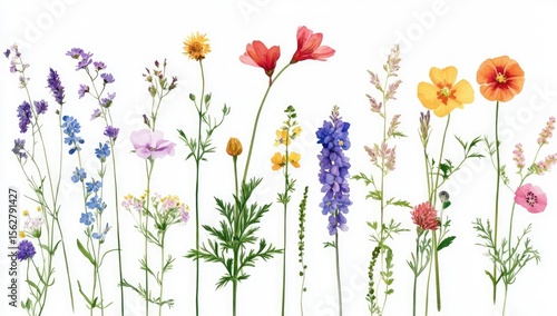 Wallpaper Mural A vibrant array of wildflowers, various colors and types, displayed against a stark white background Torontodigital.ca